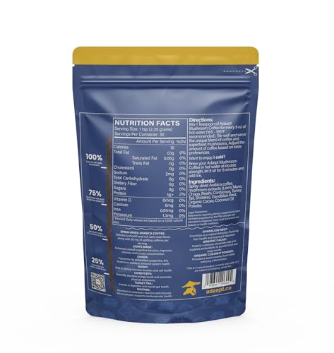 Adaept Original Mushroom Coffee Organic Peruvian Cacao, Dandelion Root and Arabica Coffee, Lions Mane Mushroom Powder, Cordyceps, Reishi, Chaga, Shiitake, and Turkey Tail | 30 Servings - Image 3