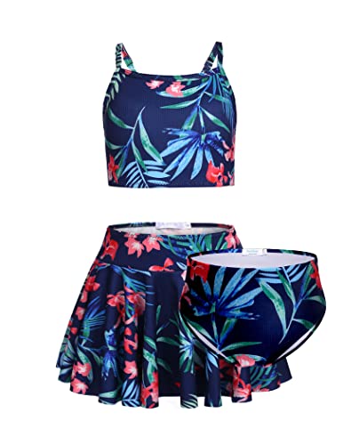 Arshiner Girls 3 Piece Swimsuit for Teen Girl Tankini Swimsuits Bathing Suit Beach Floral Bikini Swimwear with Skirt
