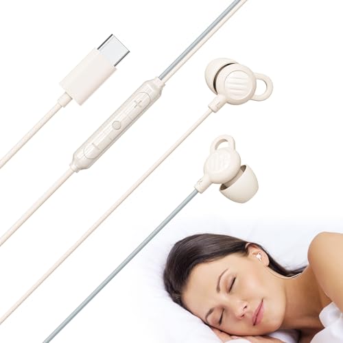 Image of MEE audio SleepTones USB-C Wired Sleep Earbuds for Side Sleepers with Lightweight Low-Profile Silicone Earpieces, Noise Reduction Sleeping Headphones with Built-in Mic & Volume Controls (Beige)