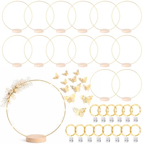 14 Pack Floral Hoop with Stand and LED Fairy Lights 18 inch Metal Rings for DIY Centerpiece Table Decorations Crafts Macrame Rings Hoop Wreath Dream Catcher Rings Wedding Christmas Wreaths Gold