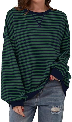 Chicrise Sweatshirt Damen Oversized Gestreifter Farbblock Langarmshirt Gestrickt Rundausschnitt Oberteile locker