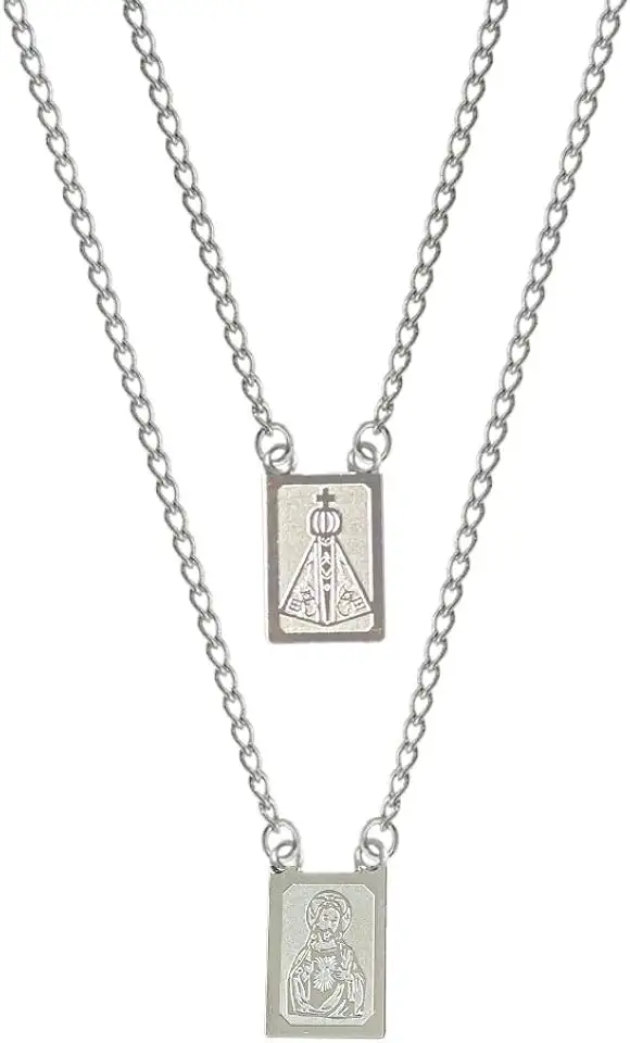 Escapulário Para Presente Jesus e Aparecida Masculino e Feminino Aço Inox Prateado