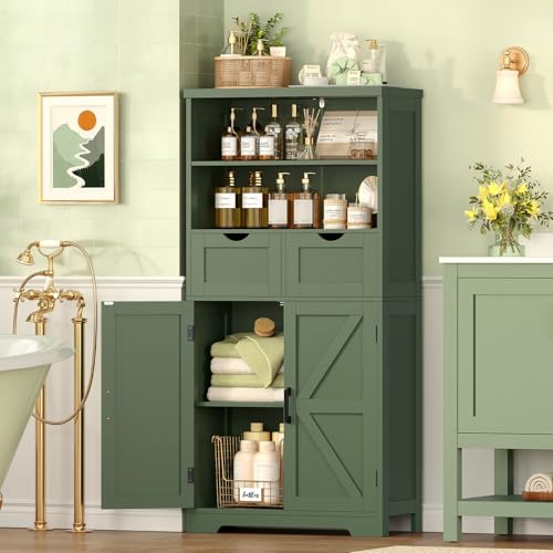 Image of TEENFON Bathroom Cabinet with Adjustable Shelf & 2 Drawers, Farmhouse Storage Cabinet with 2 Doors, Kitchen Storage Cabinets for Living Room, Entryway, Home Office, Forest Green