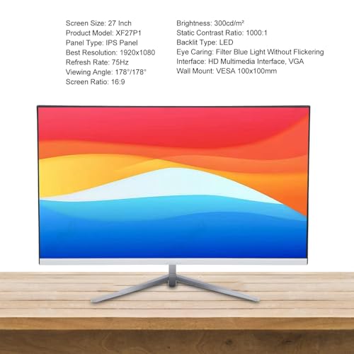 Image of Zunate 27 Inch FHD Monitor, 1080P Display 75Hz, Frameless Desktop Computer Monitor with HDMI VGA, 100 x 100mm VESA Mountable, 5ms Response Time (US Plug)