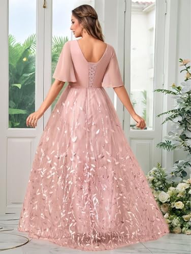 V Neck Mother of The Bride Dresses for Women Short Sleeve Long Sequin Formal Bridesmaid Dress Wedding2