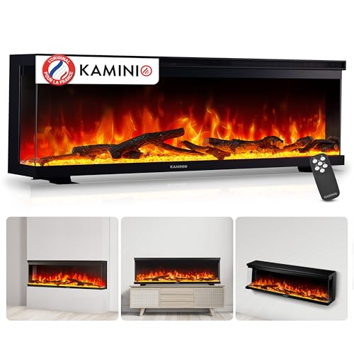 KAMINIO Cheminée électrique LEA - Cheminée électrique 3-en-1 avec vue panoramique, chauffage, effet flamme 3D, 12 couleurs de flammes, télécommande (152 cm)