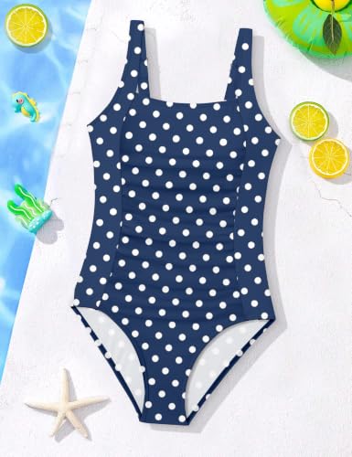 Image of Girl Swimsuit One Piece Bathing Suit for Girls Solid Color Ruched Adjustable Straps Padded Swimwear 9-18y