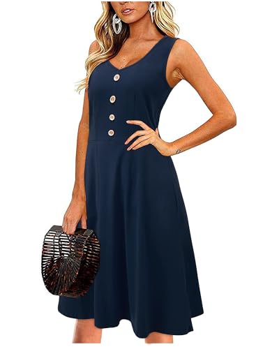 II ININ Sommerkleid Damen Knielang Strandkleid Sommer Midi A Linie Blumen Kleid Freizeitkleid mit Taschen(B-Marine,Groß)