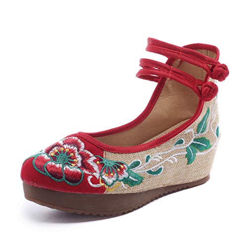 Qianmome Women's Chinese Floral Hibiscus Embroidery Strappy Round-Toe Platform Wedges Canvas Mary Jane Shoes