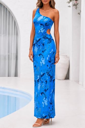 Image of One Shoulder Dress for Women 2026 Summer Print Sleeveless Cut Out Ruched Party Bodycon Maxi Dresses