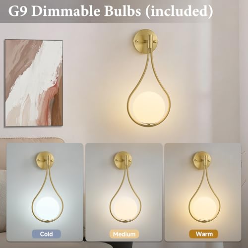 Gold Wall Sconces Set of Two with G9 Bulbs, Mid Century Modern Glass Wall Sconce Set of 2 Hardwired Globes Light Fixture - Additional View