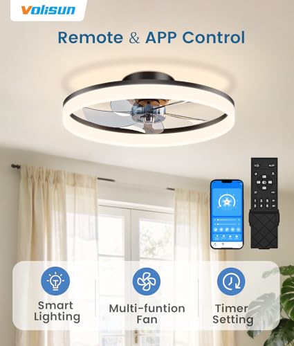 Image of VOLISUN Low Profile Ceiling Fans with Lights and Remote, 20in Fandelier Ceiling Fan Flush Mount, 3000K-6500K Smart Bladeless LED Fan Light, Black Modern Ceiling Fans with Lights for Bedroom
