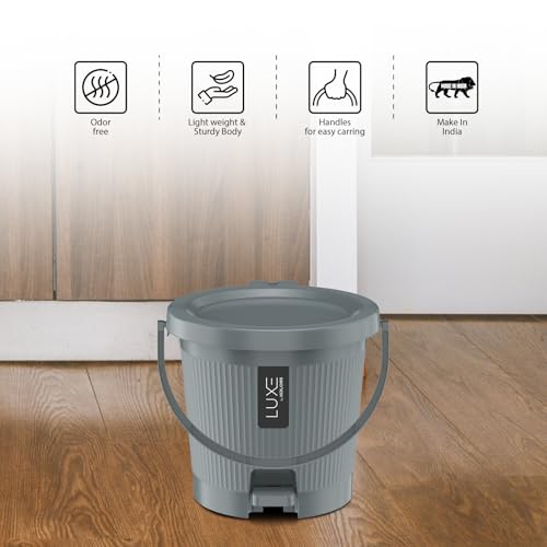 Image of KOLORR Luxe Premium Plastic Pedal Dustbin | Modern Plastic Waste Bin, Trash can with Sleek Design for Home, Kitchen, Office, Bathroom & Washroom - Small, Grey