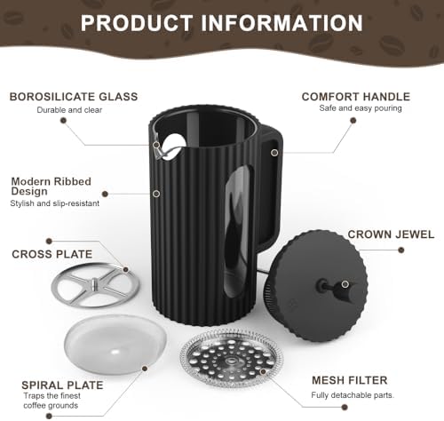 wedrink French Press Coffee Maker 34OZ, Heat Resistant Borosilicate Glass Carafe/Tea Maker Coffee Press Frother Brewer (1000ml) - 3
