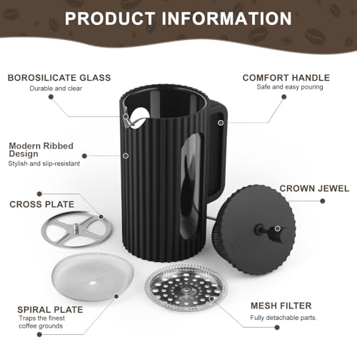 wedrink French Press Coffee Maker Cafetiere 350ml/12oz French Press Caffettiera Brewer Tea Maker with Heat Resistant Borosilicate Glass Stainless Steel Filter Black - Image 4