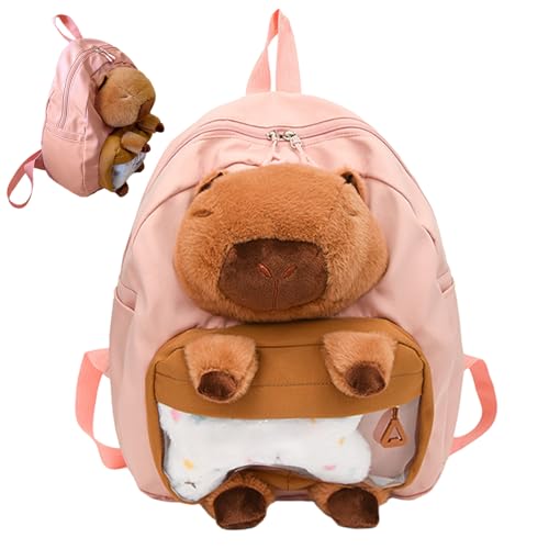 Mochila de peluche Capybara rosa para evitar la carga pesada con gran capacidad escolar