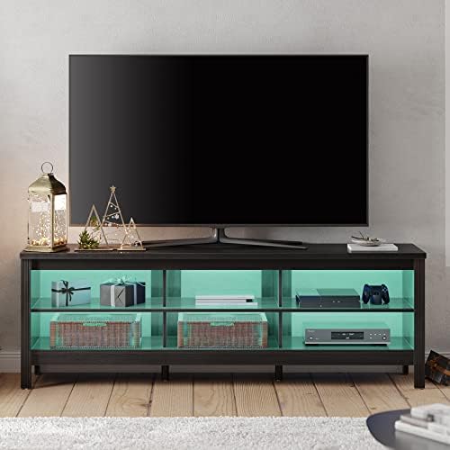 WAMPAT TV Stand for 75 inch TV with 16 Changable LED Lights, Black Entertainment Center for 80 inch TV Console Media Table with 6 Storage for Living Room Bedroom, 70''