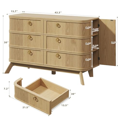Image of Fluted 6 Drawer Dresser for Bedroom, 43'' Modern Chest of Drawers with Metal Handles&Wood Legs, Curved Profile Design, Rattan Dresser for Bedroom, Living Room, Entryway, Natural