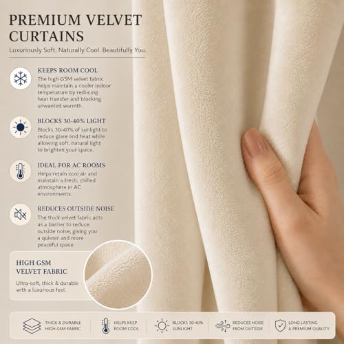 Image of Velvet Curtains | Heavy Soft Premium Velvet Drapes for Bedroom and Living Room | Semi Light Blocking, Thermal Insulated and Noise Reducing Window Panels | 5 Feet, Set of 2 (Beige)