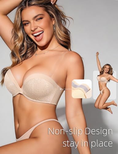 Image of Upushall Push Up Strapless Bra with Clear Straps Covertible Plunge Lace Padded Add 2 Cups Low Cut Underwire Bras for Women