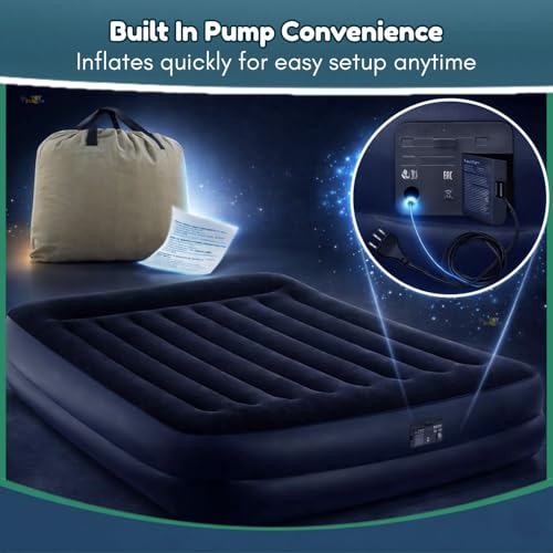 Image of Toy Imagine 6.66 ft Inflatable Air Bed Dura-Beam Plus Pillow Rest Queen Air Mattress with Built-in Electric Pump Fiber-Tech Raised Airbed 203 x 152 x 42 cm Comfortable Guest Bed for Home Travel
