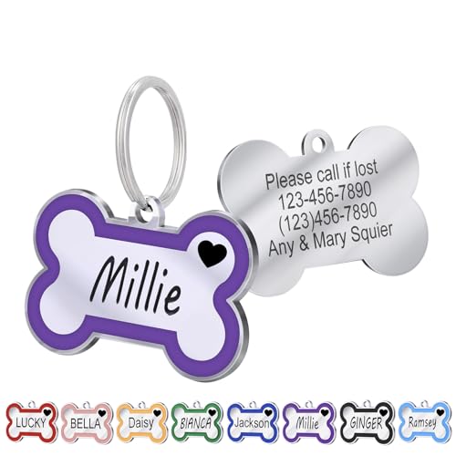 Personalized Deep Engraving Pet ID Tags Engraved Both Sides Bone Shape Custom Dog Tag Stainless Pet ID Tag Engraved Heart Dog Tags for Large Small Dogs Cats (Purple, Large)