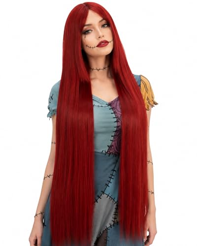 Image of Rose bud Sally Wig for Anime Costume Halloween Cosplay Party 40 Inch Long Straight Cosplay Red Wig for Women
