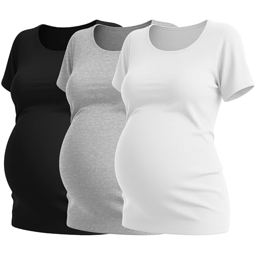 Neer Pacote com 3 camisetas femininas para gestantes, algodão, manga curta, gola redonda, roupas básicas para mamãe, Branco, cinza claro, preto, M