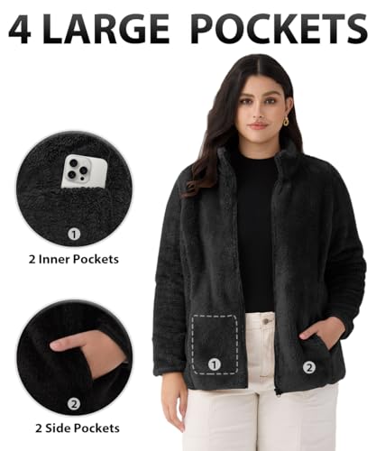 CARCOS Plus Size Fuzzy Jacket for Women Full Zip Up Fleece Coat Long Sleeve Fall Winter Sherpa Outerwear with Pockets2