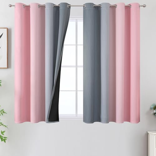 Pink and Grey Blackout Curtains 45 inches Long,Ombre Full Room Darkening Window Curtains for Living Room,Grommet Thermal Insulated Drapes,Light Blocking Curtains for Girls Bedroom,52x45 Inch, 2 Panels