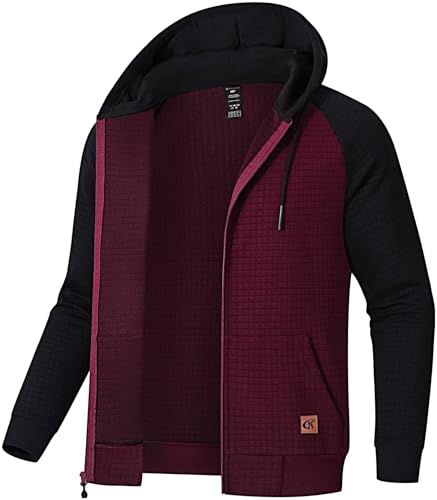 Satankud Men's Jacquard PlaidCloth Raglan Sleeve Zipper Hoodie Sweatshirt Burgundy/Black Large