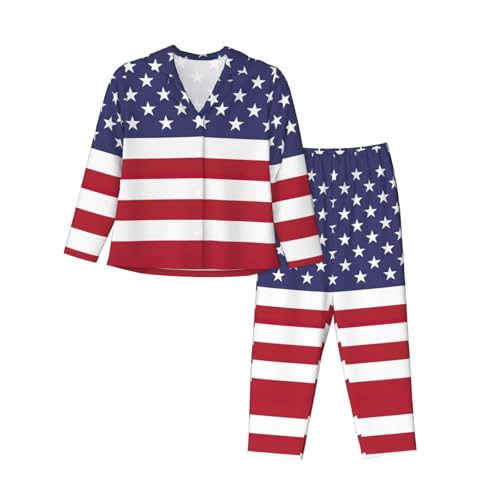 XTYGETY Conjunto de pijama de manga larga con estampado de bandera americana para mujer, conjunto de pijama de 2 piezas acogedoras, Negro, XXL