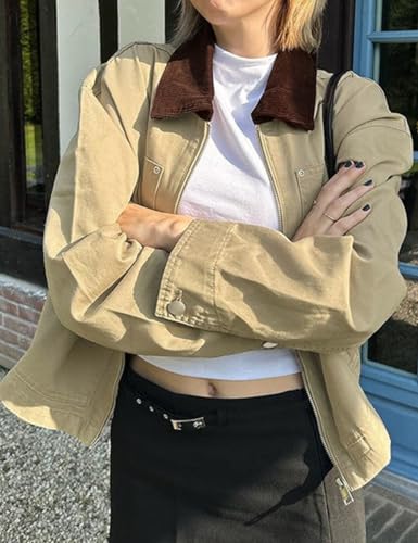 Womens Lightweight Jacket with Corduroy Collar Oversized Barn Jackets Cropped Zip Up Workwear Jacket2