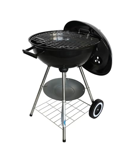 BBQ Barbecue à Charbon de Bois Rond 4 pieds (stable) avec couvercle, 76,5 x 51 x 44 cm, avec Couvercle (fumoir) et 2 Roulettes (portable), Noir, Acier Inoxidable,...