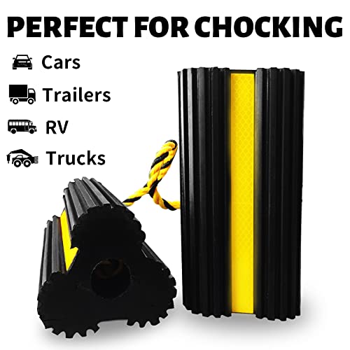Roblock Wheel Chocks Heavy-Duty Rubber Wheel Block Non-Slip Base With Nylon Rope Yellow Reflective Tape - 1 Pair Black, 7.8" Long X 4.1" Wide X 3.9" High For Travel Trailers, Car, Camper, Truck #TOP4