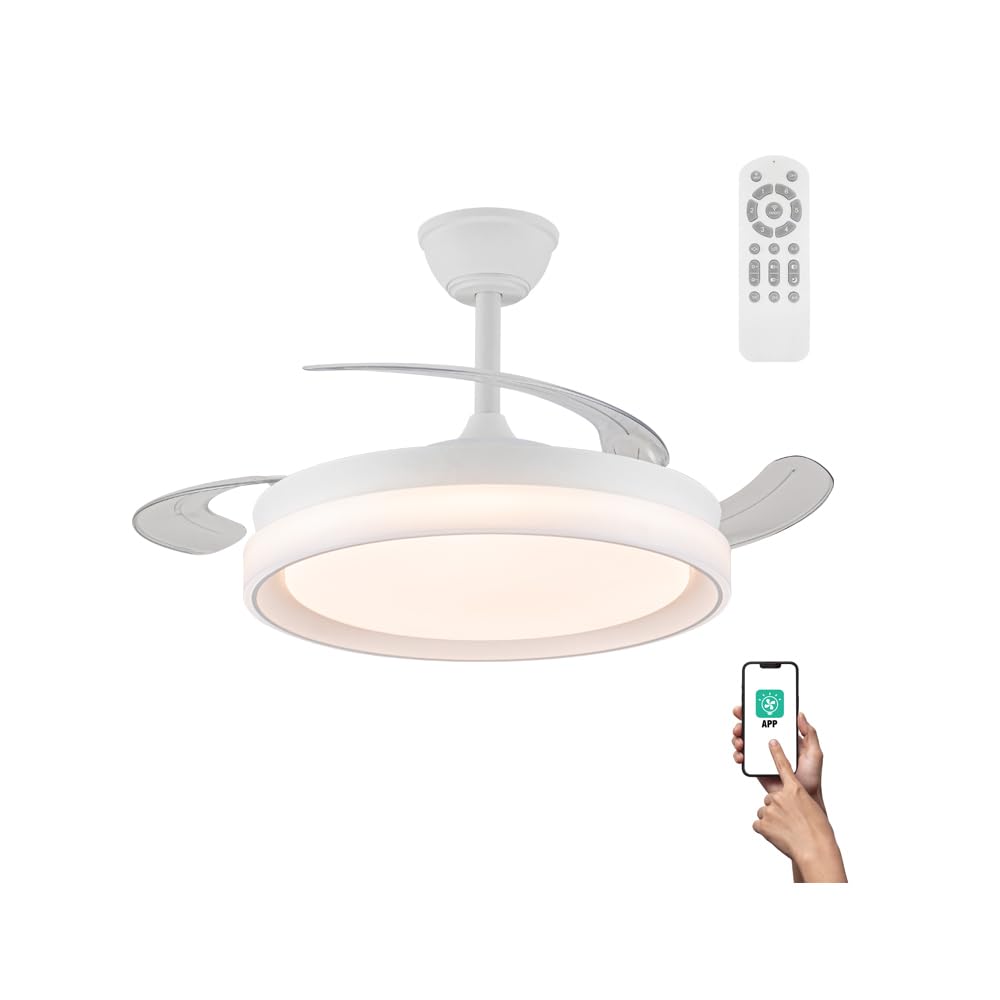 wonderlamp Ventilador LED con aspas plegables Nestera Evo Blanco CCT 3000-4000-6000K, Intensidad Regulable 72W, Silencioso con mando a distancia y APP
