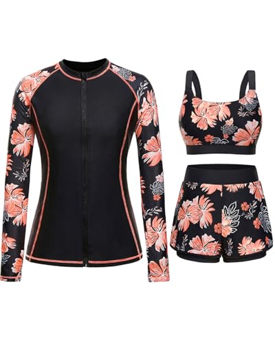 Black Floral 3 Piece Rash Guard for Women - Long Sleeve Swimsuits with Shorts SPF Zip up Swim Shirt with Built in Bra L
