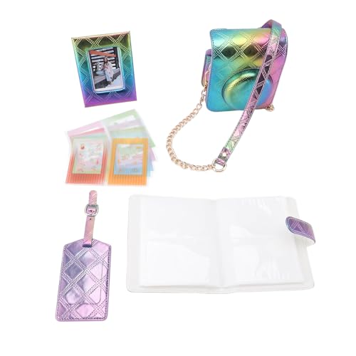 Bolsa de Couro PU Com Design Xadrez Quadrado Bordado, Alça Ajustável, para Mini12, Com álbum de Fotos, Moldura de Foto, Adesivos (Azul roxo)