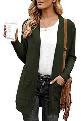 ANIXAY Women's Casual Loose Knit Sweaters Coat Lightweight Long Sleeve Open Front Cardigan with Pockets Army Green-Large