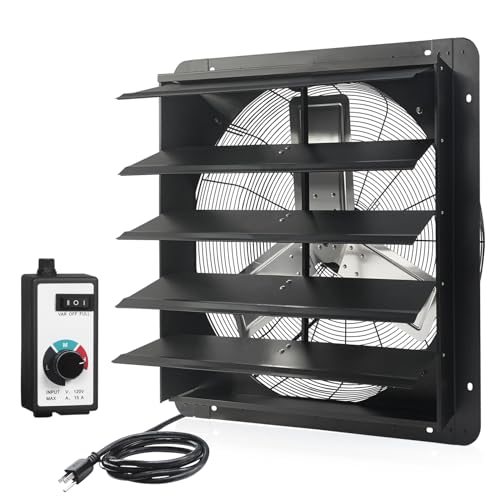 VENTISOL 24 Inch Shutter Exhaust Fan Wall Mounted Attic Fan with Power Cord High Speed Vent Fan with Speed Controller 4250CFM Automatic Household Ventilation Fan for Cooling Garage Shop Black