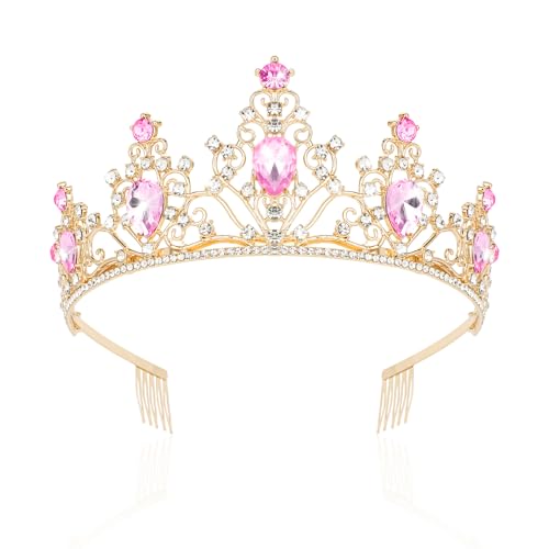CAVETEE Pink Tiara and Crowns for Women GirlsPrincess Tiara Rhinestone Crown Weeding Prom Birthday Queen Crown Headbands Birthday Party Hair Accessories for Girls