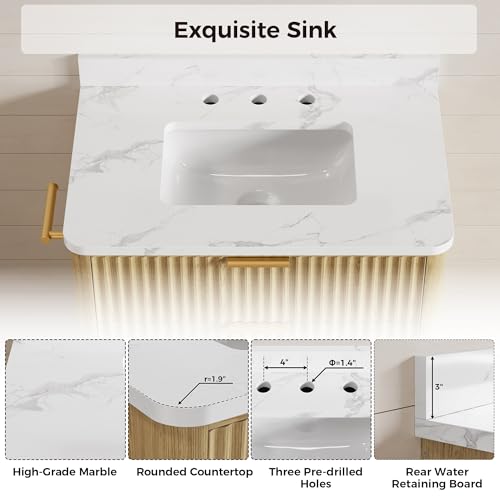 IRONCK 30" Bathroom Vanity with Ceramic Sink, Freestanding Bathroom Sink Cabinet with 2 Drawers & 1 Flip-Down Drawer, Wood Grain Texture, Farmhouse