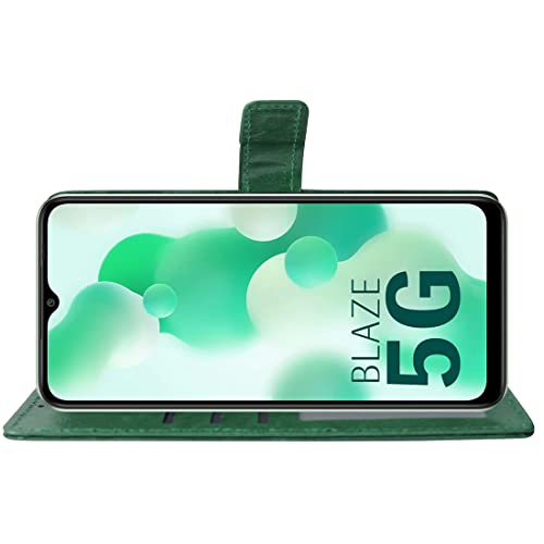 Image of Flip Cover Back Case for Lava Blaze 5G | Premium Leather Finish | Inbuilt Pockets & Stand | Flip Cover Back Case for Lava Blaze 5G (Green)