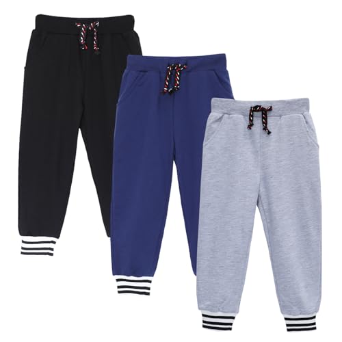 HILEELANG Toddler Boys Cotton Jogger Sweatpants 3 Pack, Soft Adjust Elastic Waist Pants with Pockets, Sizes 12M-7T2