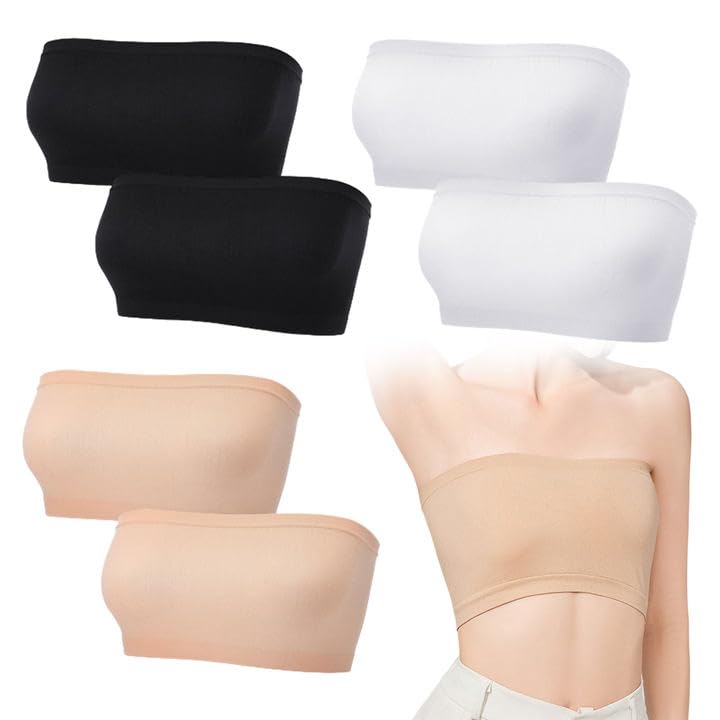 UILYNIU 6 Piezas Sujetadores Elásticos sin Tirantes Tubo de Sujetador Bandeau Tops de Tubo sin Costuras sin Relleno para Mujer Bandeau Top Strapless Bra (Negro, Beige, Blanco, A)