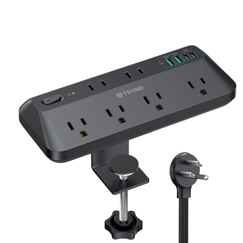 TROND 20W USB C Desk Clamp Power Strip - 1700J Surge Protector with 6 Outlets, Desktop Edge Mount Extension Cord, Fit 1.97' Tabletop, 6FT Flat Plug for Teacher Must Haves, Office, ETL List, Black