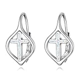 Leverback Cross Earrings for Women Sterling Silver Hoop Opal Earrings for Girls Teens Birthday Anniversary Jewellery (A-Cross Leverback Earrings)