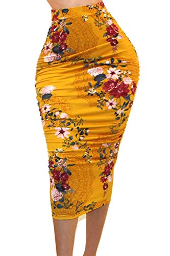 Vivicastle Women's USA Ruched Frill Ruffle High Waist Pencil Mid-Calf Skirt (2L, Multi, Large)