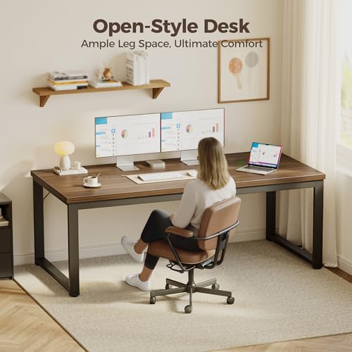 Image of 40 Inch Computer Desk, 1.2 inch Thick Small Office Table, Walnut | Modern Simple Style, Heavy Duty Industrial Frame, Small Study & Writing Table for Home Bedroom Work