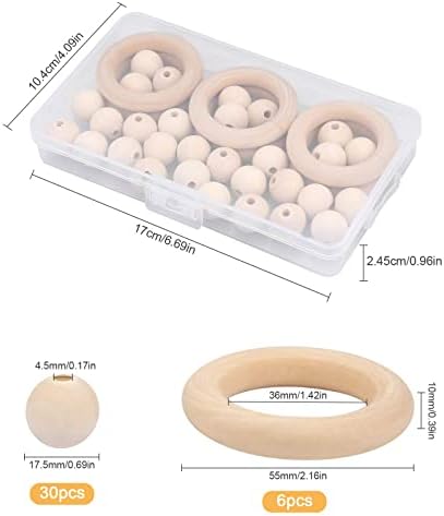 6 Pieces Natural Craft Wooden Rings and 30 Pieces Wooden Beads with Hole for Macrame Craft Kit, Dream Catchers Knitting, Jewelry Making DIY Project Unfinished Solid Wood Bead Round Circle Loop Set